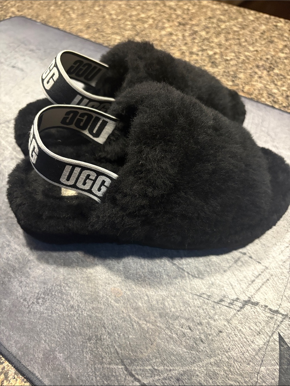 UGG Black Fluffy Slide with Branded Elastic Heel Strap